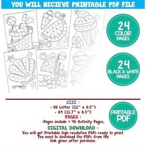 May include: A set of 24 printable colouring pages featuring summer themes. The pages include images of a bucket and spade, watermelon, ice cream cone, seashell, and a sailboat. The pages are available in both colour and black and white versions. The pages are 28 cm by 21.5 cm.