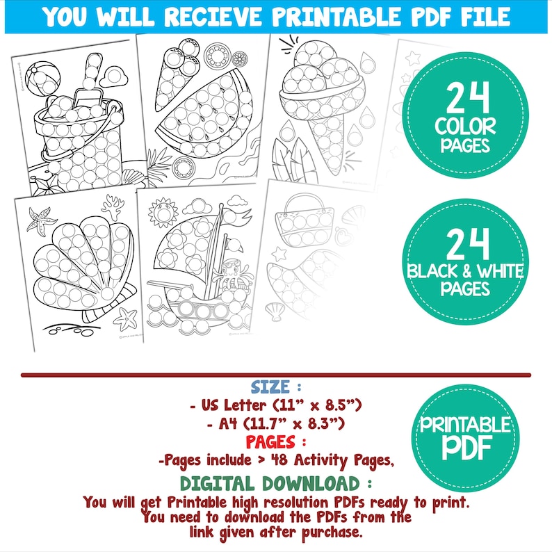 May include: A set of 24 printable colouring pages featuring summer themes. The pages include images of a bucket and spade, watermelon, ice cream cone, seashell, and a sailboat. The pages are available in both colour and black and white versions. The pages are 28 cm by 21.5 cm.