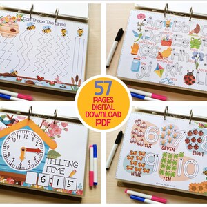 May include: A set of four educational activity books with spiral binding. The books feature colorful illustrations for tracing lines, learning the alphabet, telling time, and counting numbers. The text "57 PAGES DIGITAL DOWNLOAD PDF" is in a yellow circle.