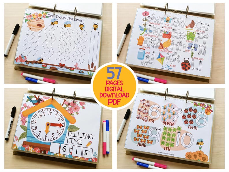May include: A set of four educational activity books with spiral binding. The books feature colorful illustrations for tracing lines, learning the alphabet, telling time, and counting numbers. The text "57 PAGES DIGITAL DOWNLOAD PDF" is in a yellow circle.