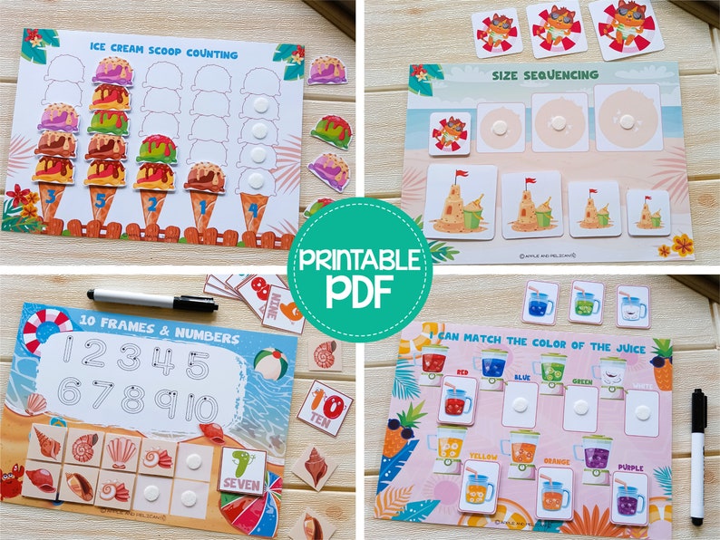 May include: A collection of printable educational games for children. The games include ice cream scoop counting, size sequencing, 10 frames and numbers, and color matching. The image features colorful illustrations and the text "PRINTABLE PDF".