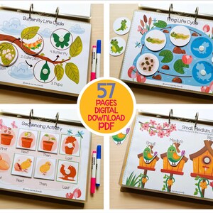 May include: Educational learning activity set featuring illustrated life cycles of a butterfly and frog, sequencing activities, and size comparison. Includes the text "57 PAGES DIGITAL DOWNLOAD PDF". Markers are included.