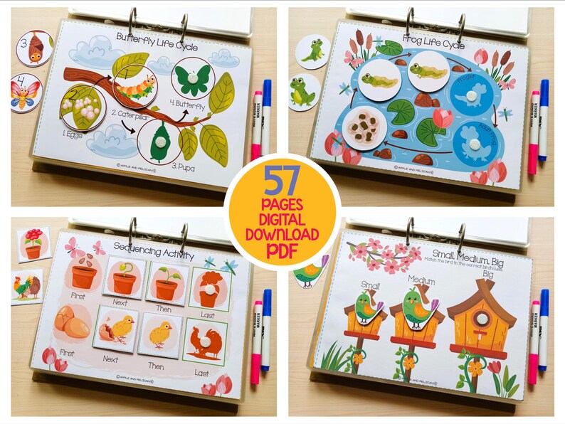 May include: Educational learning activity set featuring illustrated life cycles of a butterfly and frog, sequencing activities, and size comparison. Includes the text "57 PAGES DIGITAL DOWNLOAD PDF". Markers are included.