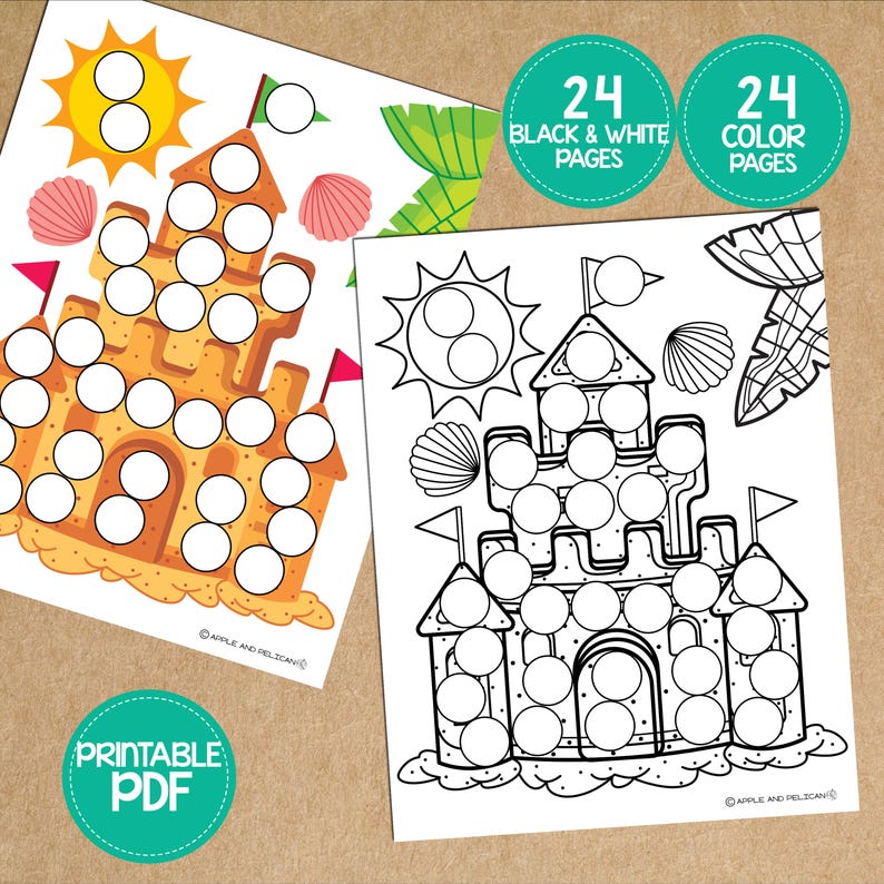 May include: A black and white printable colouring page featuring a sandcastle with flags, a sun, a seashell, and palm leaves. The sandcastle is made up of 24 circles that can be coloured in. The page is titled "24 Black & White Pages" and "24 Colour Pages".