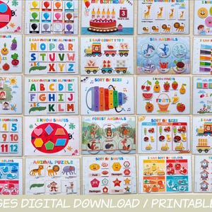 May include: A set of 91 printable educational flashcards for children. The flashcards feature colorful illustrations and activities, including matching letters, numbers, shapes, colors, and animals. The flashcards are designed to help children learn basic skills and concepts.
