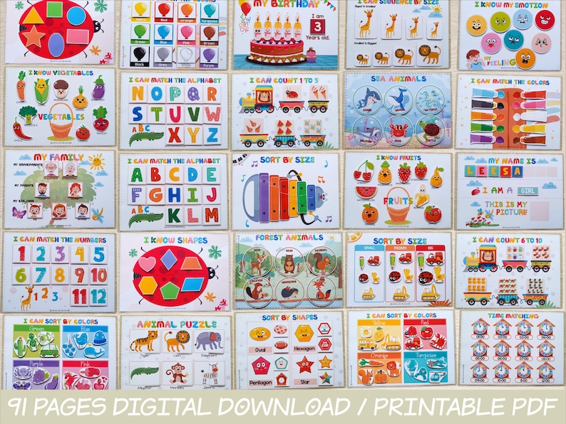 May include: A set of 91 printable educational flashcards for children. The flashcards feature colorful illustrations and activities, including matching letters, numbers, shapes, colors, and animals. The flashcards are designed to help children learn basic skills and concepts.