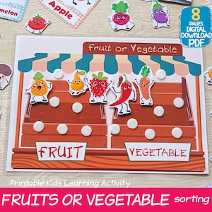 Obst und Gemüse, die Kleinkindaktivität sortieren, druckbare Vorschule Homeschool-Lernen, Montessori-Karteikarten Quiet-Buchseiten