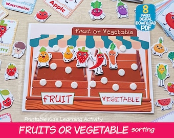 Groenten en fruit sorteren peuteractiviteit, afdrukbare educatieve kleuterschool thuisonderwijs, Montessori Flashcards rustige boekpagina's