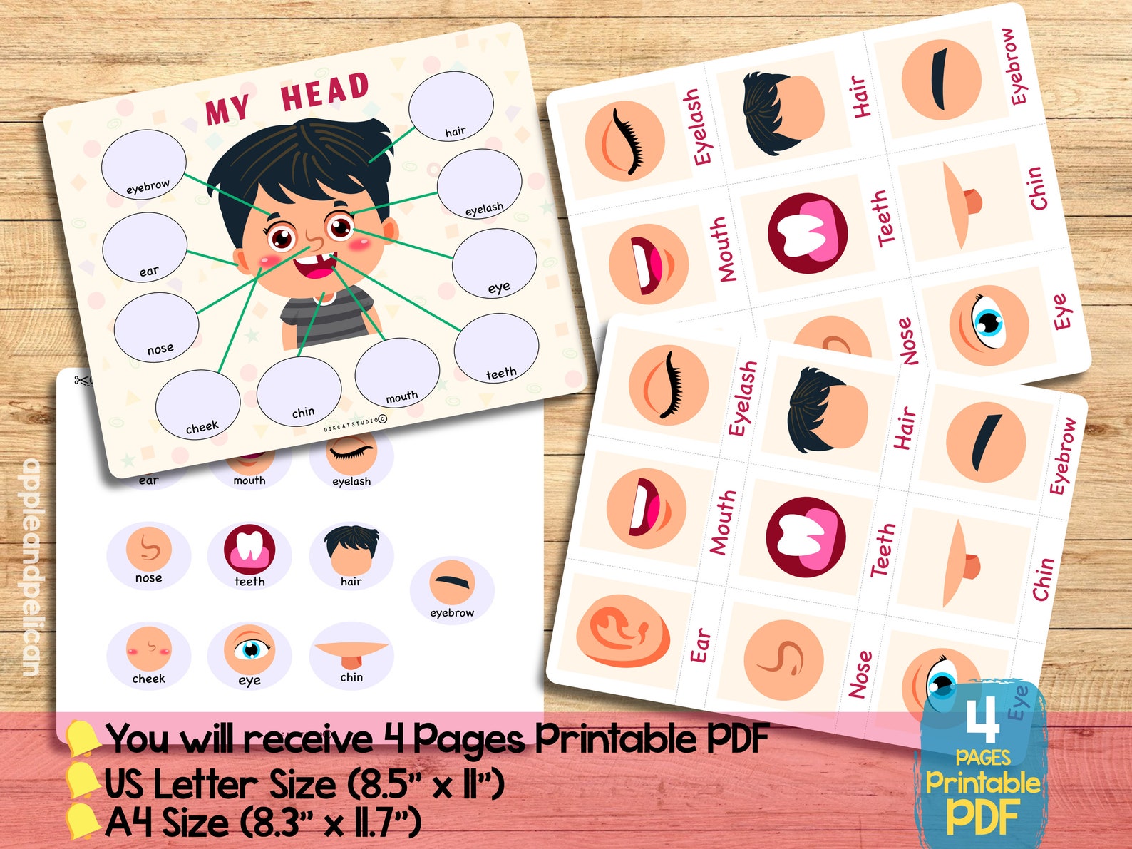 Printable Face Parts Matching Worksheet With Flashcard, Body Parts ...