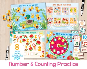 Counting Practice Activity, Printable Number Matching For Toddler, Preschool Homeschool Math, Summer Busy Book