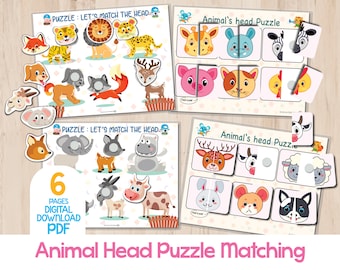 May include: Six pages of printable animal head matching puzzles for kids. Each page features a different animal with a cut-out head and a separate page with matching heads to choose from. The puzzles are designed to help children learn about different animals and develop their fine motor skills.  The text on the page reads "Puzzle: Let's Match the Head" and "Animal's Head Puzzle".