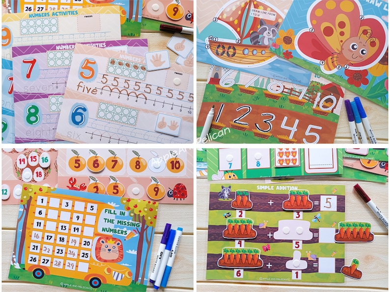 May include: A set of colorful educational activity cards for kids featuring numbers, counting, and simple addition. The cards have a variety of themes, including a boat, a butterfly, a school bus, and a garden. The cards are designed to help children learn basic math skills in a fun and engaging way.