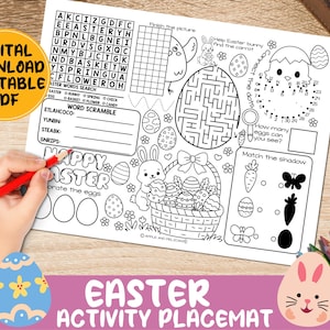 May include: Black and white Easter activity placemat with a word search, maze, connect-the-dots, and matching games. Includes a basket of decorated eggs, a bunny, and the text "Happy Easter".