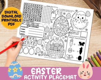 Easter Activity Placemat Sheet, Kids Coloring Printable, Wordsearch Puzzle Maze, Toddler Quiet Activity, Spring