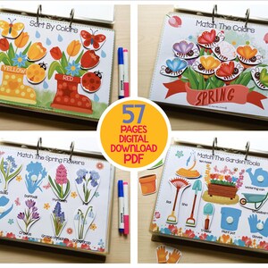 May include: A set of four educational activity books with colorful illustrations. The books feature spring-themed activities like matching colors, flowers, and garden tools. The text "57 PAGES DIGITAL DOWNLOAD PDF" is visible in a yellow circle.