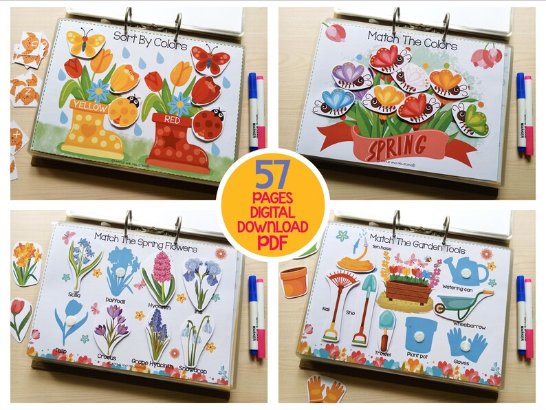 May include: A set of four educational activity books with colorful illustrations. The books feature spring-themed activities like matching colors, flowers, and garden tools. The text "57 PAGES DIGITAL DOWNLOAD PDF" is visible in a yellow circle.