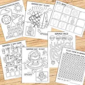 May include: A set of printable summer-themed activity sheets for kids. The sheets include a coloring page, dot-to-dot puzzles, a maze, a 'I Spy' game, and a pixel art activity. The sheets feature images of a beach, a pineapple, a watermelon, a popsicle, a sun, a crab, a flip-flop, and a palm tree.