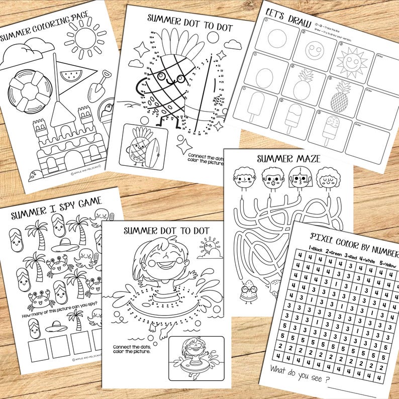 May include: A set of printable summer-themed activity sheets for kids. The sheets include a coloring page, dot-to-dot puzzles, a maze, a 'I Spy' game, and a pixel art activity. The sheets feature images of a beach, a pineapple, a watermelon, a popsicle, a sun, a crab, a flip-flop, and a palm tree.