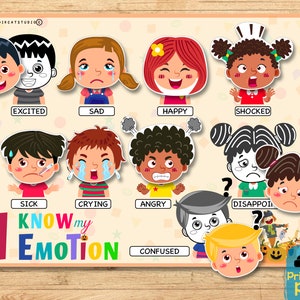 Peut inclure: Un tableau color&eacute; avec des illustrations de visages d'enfants exprimant diff&eacute;rentes &eacute;motions, comme le bonheur, la tristesse, la col&egrave;re et la confusion. Le tableau comprend le texte "I KNOW my EMOTION".