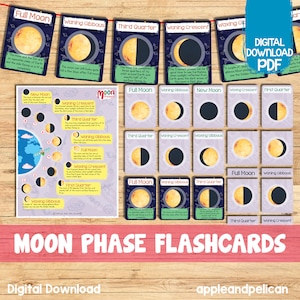 Tarjetas didácticas de las fases de la luna imprimibles, arte educativo infantil para niños pequeños, materiales Montessori para niños pequeños, tarjetas didácticas de la unidad del sistema solar preescolar