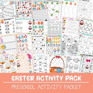 Peut inclure: Un ensemble de feuilles d'activités sur le thème de Pâques pour les enfants d'âge préscolaire. Les feuilles comprennent des pages à colorier, des exercices de traçage, des activités de comptage et des jeux de mots. Le titre "EASTER ACTIVITY PACK" est affiché.