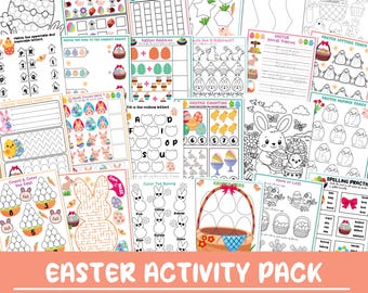 Paquete de actividades imprimibles de Pascua para niños en edad preescolar, hojas de trabajo para educación en casa en jardín de infantes, colorear, alfabeto, unir puntos, laberinto