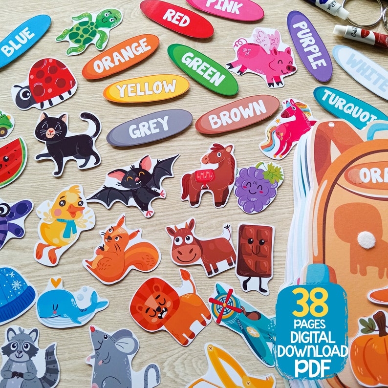 May include: A set of 38 printable pages featuring colorful illustrations of animals, objects, and color names. The pages are designed for children to learn colors and identify different objects.