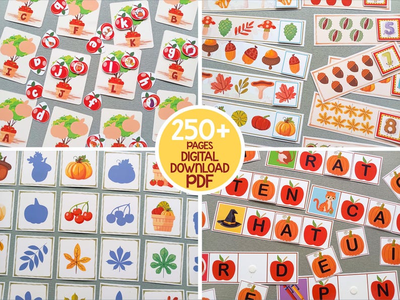 May include: A digital download PDF file with over 250 pages of printable educational activities for children. The activities feature fall-themed images such as pumpkins, leaves, acorns, and hats. The activities include matching, sorting, and counting.