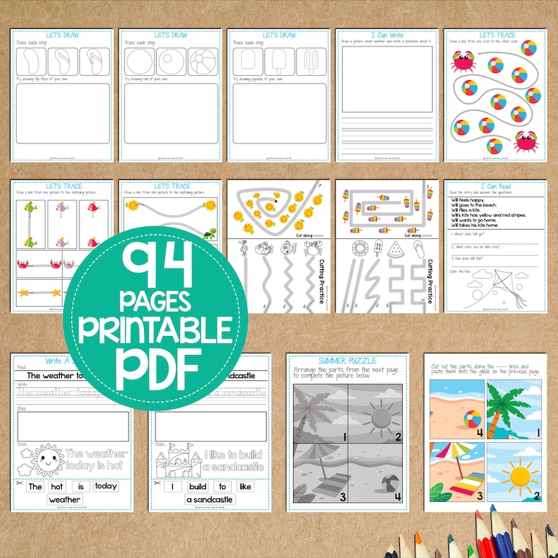 K&ouml;nnte beinhalten: Ein Satz von 94 druckbaren Sommer-Aktivit&auml;tsseiten f&uuml;r Kinder. Die Seiten beinhalten Aktivit&auml;ten wie Zeichnen, Nachzeichnen, Schneide&uuml;bungen und ein Sommer-Puzzle. Die Seiten sind so konzipiert, dass Kinder beim Lernen und Wachsen Spa&szlig; haben.