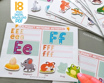 Alphabet ABC-Aktivität, Arbeitsblatt zur Buchstabenverfolgung, passender Anfangslaut, Vorschul-Lernbinder, Kleinkind-Beschäftigungsbuch