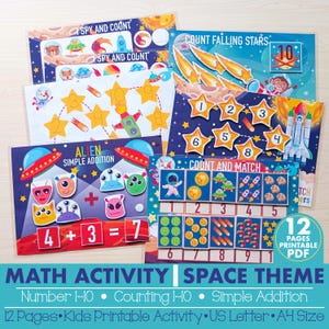 May include: A collection of colorful space-themed math activity pages. The pages include counting, simple addition, and matching games with illustrations of aliens, rockets, and stars. Text includes "Math Activity Space Theme" and "12 Pages Printable PDF".