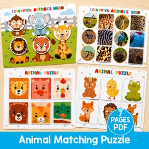 Op de afbeelding: Vier educatieve activiteitenborden met de titels I Can Match Animal's Head, I Can Match Animal's Skin en Animal Puzzle. De borden bevatten kleurrijke illustraties van dieren, fotografische texturen van dierenvachten en puzzels.