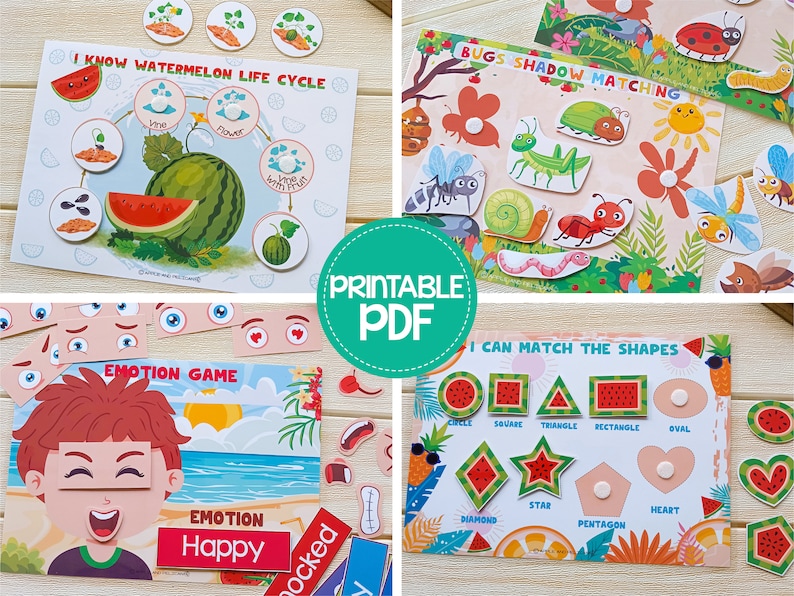 May include: Educational printable PDF games for children. Includes a watermelon life cycle chart, a bugs shadow matching game, an emotion game, and a shape matching activity. Each game features colorful illustrations and interactive elements.