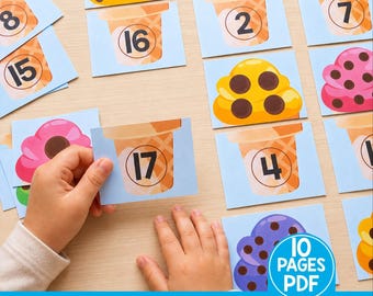 Eiscreme-Dot-Count-Aktivität, Sommer-Feinmotorik, Vorschul-Heimschul-Lehrplan, Kleinkind-Montessori-Matching-Aktivität