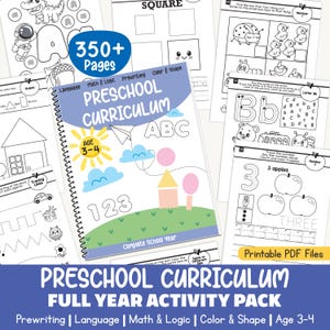 Pode incluir: Um livro de atividades de currículo pré-escolar com encadernação em espiral de mais de 350 páginas para crianças de 3 a 4 anos. A capa apresenta um sol, nuvens, um avião de papel e formas geométricas sobre uma colina verde. As páginas ao redor mostram folhas de exercícios em preto e branco.