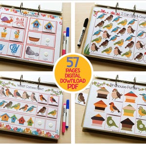 May include: A set of four educational activity books with colorful illustrations. The books cover topics like opposites, counting, patterns, and sequencing. The image includes the text "57 PAGES DIGITAL DOWNLOAD PDF". Markers are placed next to the books.