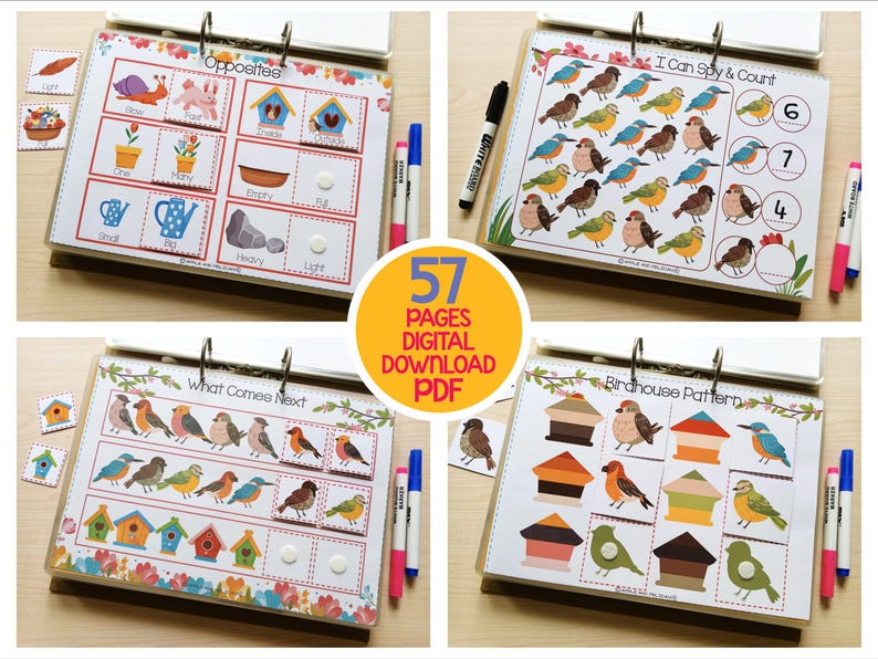 May include: A set of four educational activity books with colorful illustrations. The books cover topics like opposites, counting, patterns, and sequencing. The image includes the text "57 PAGES DIGITAL DOWNLOAD PDF". Markers are placed next to the books.