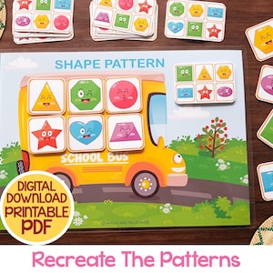 Może przedstawiać: Drukowana karta pracy w formacie PDF przedstawiająca żółty autobus szkolny z ćwiczeniem wzoru kształtów. Karta pracy zawiera różne kolorowe kształty z twarzami, w tym trójkąt, koło, kwadrat, gwiazdę, serce i prostokąt. Tekst "SHAPE PATTERN" i "SCHOOL BUS" jest umieszczony na karcie pracy.