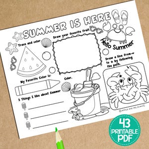 May include: A black and white printable summer activity sheet for kids. It features a watermelon, a crab, a bucket and shovel, and a space to draw a favorite fruit. The text "Summer is here" is at the top of the page.