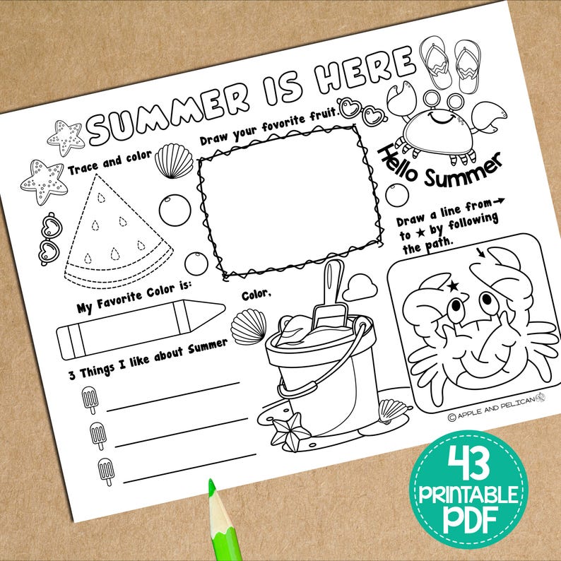 May include: A black and white printable summer activity sheet for kids. It features a watermelon, a crab, a bucket and shovel, and a space to draw a favorite fruit. The text "Summer is here" is at the top of the page.