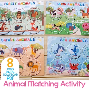 May include: An 8-page printable PDF activity for kids featuring animal matching games. The colorful cards feature illustrations of forest, farm, safari, and sea animals. The cards are labeled with the animal names.
