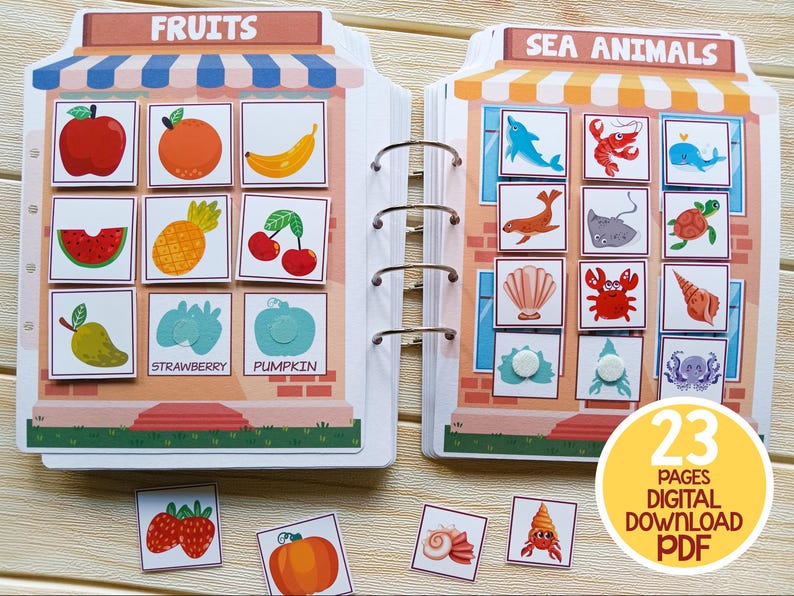K&ouml;nnte beinhalten: Ein farbenfrohes, druckbares Aktivit&auml;tsbuch f&uuml;r Kinder mit Bildern von Fr&uuml;chten und Meerestieren. Das Buch hat 23 Seiten und ist ein digitaler Download im PDF-Format.