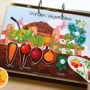 May include: A colorful educational chart titled "Garden Vegetables" featuring illustrations of a carrot, radish, beet, onion, and potato. The chart includes the text "57 PAGES DIGITAL DOWNLOAD PDF" and is designed for learning about vegetables.