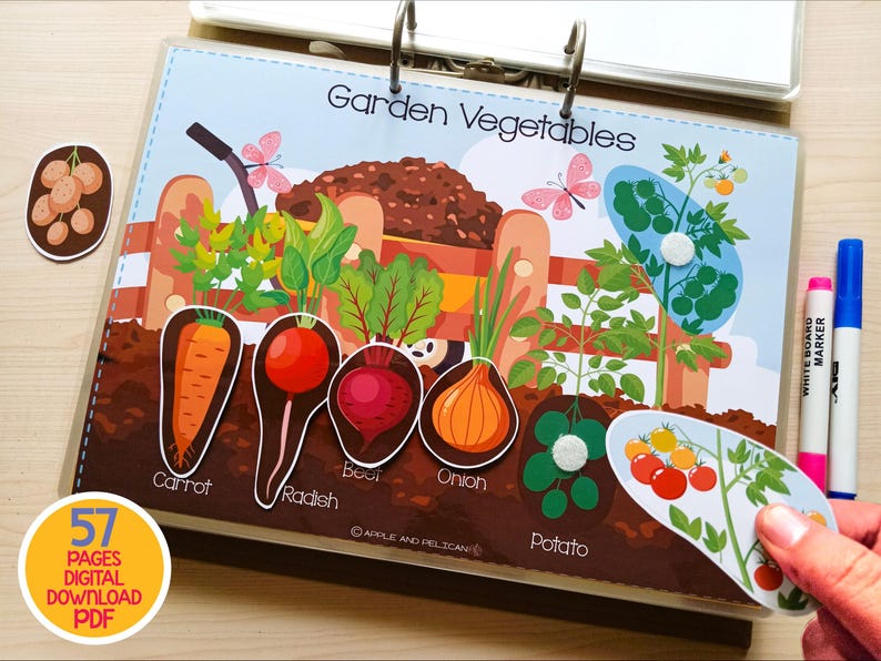 May include: A colorful educational chart titled "Garden Vegetables" featuring illustrations of a carrot, radish, beet, onion, and potato. The chart includes the text "57 PAGES DIGITAL DOWNLOAD PDF" and is designed for learning about vegetables.