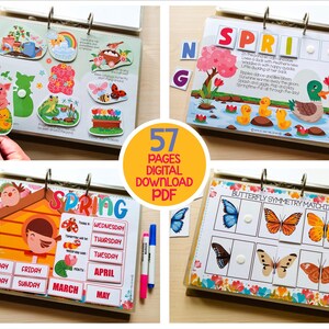 May include: A colorful educational activity book with spring-themed illustrations. The book features pages with images of animals, flowers, and the text "SPRING". Includes a butterfly symmetry matching game and a calendar. The text "57 PAGES DIGITAL DOWNLOAD PDF" is also visible.