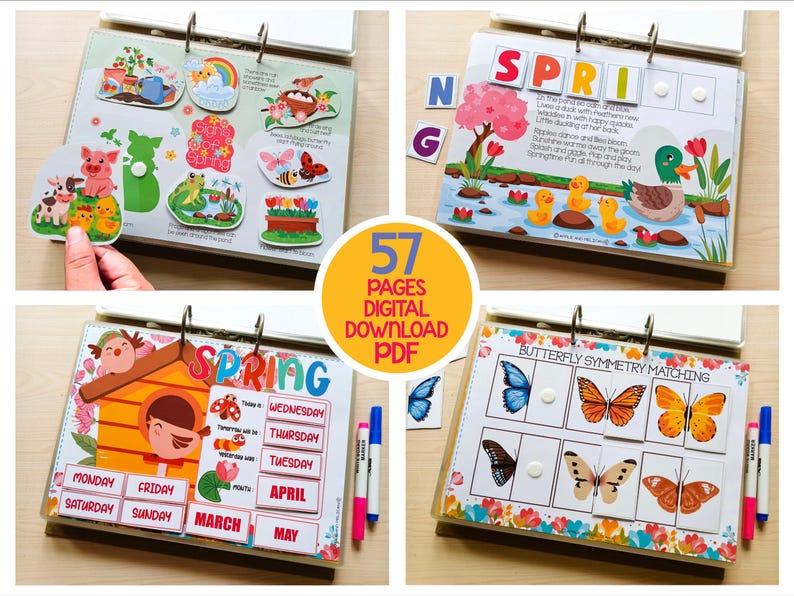 May include: A colorful educational activity book with spring-themed illustrations. The book features pages with images of animals, flowers, and the text "SPRING". Includes a butterfly symmetry matching game and a calendar. The text "57 PAGES DIGITAL DOWNLOAD PDF" is also visible.