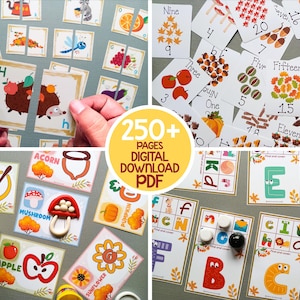 May include: A set of printable autumn-themed educational activity pages for kids. The pages feature colorful illustrations of fall leaves, acorns, pumpkins, and other seasonal items. The pages include activities such as matching, counting, and alphabet recognition. The text on the pages includes the words "250+ Pages", "Digital Download", and "PDF".