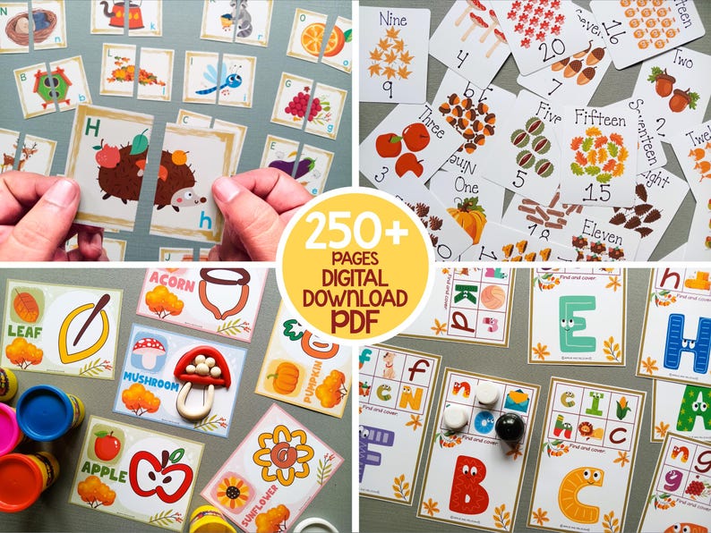 May include: A set of printable autumn-themed educational activity pages for kids. The pages feature colorful illustrations of fall leaves, acorns, pumpkins, and other seasonal items. The pages include activities such as matching, counting, and alphabet recognition. The text on the pages includes the words "250+ Pages", "Digital Download", and "PDF".