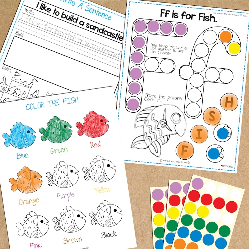 K&ouml;nnte beinhalten: Ein ausdruckbares Arbeitsblatt f&uuml;r Kinder, um den Buchstaben F zu lernen. Das Arbeitsblatt zeigt einen gro&szlig;en Buchstaben F mit Kreisen zum Ausmalen, ein Bild eines Fisches zum Nachzeichnen und Ausmalen sowie das Wort "FISCH" mit einzelnen Buchstaben zum Ausmalen. Das Arbeitsblatt enth&auml;lt auch eine Malen-nach-Zahlen-Aktivit&auml;t mit einem Fisch und einer Reihe von Farbkreisen.