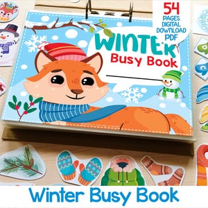 Könnte beinhalten: Ein Winter-Activity-Buch mit einem Cartoon-Fuchs mit blauem Schal und roter Mütze. Das Cover zeigt den Text "Winter Busy Book" und "54 Pages Digital Download PDF". Enthält winterliche Ausschnitte.